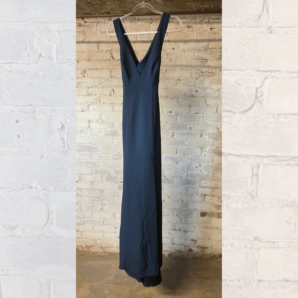 amsale annalise v-neck french blue criss-cross back bridesmaid dress [size 4]